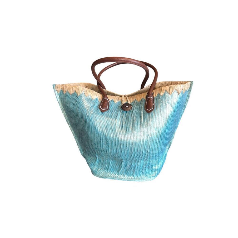 Sun n sand metallic shimmer blue woven straw tote beach bag vacation summer